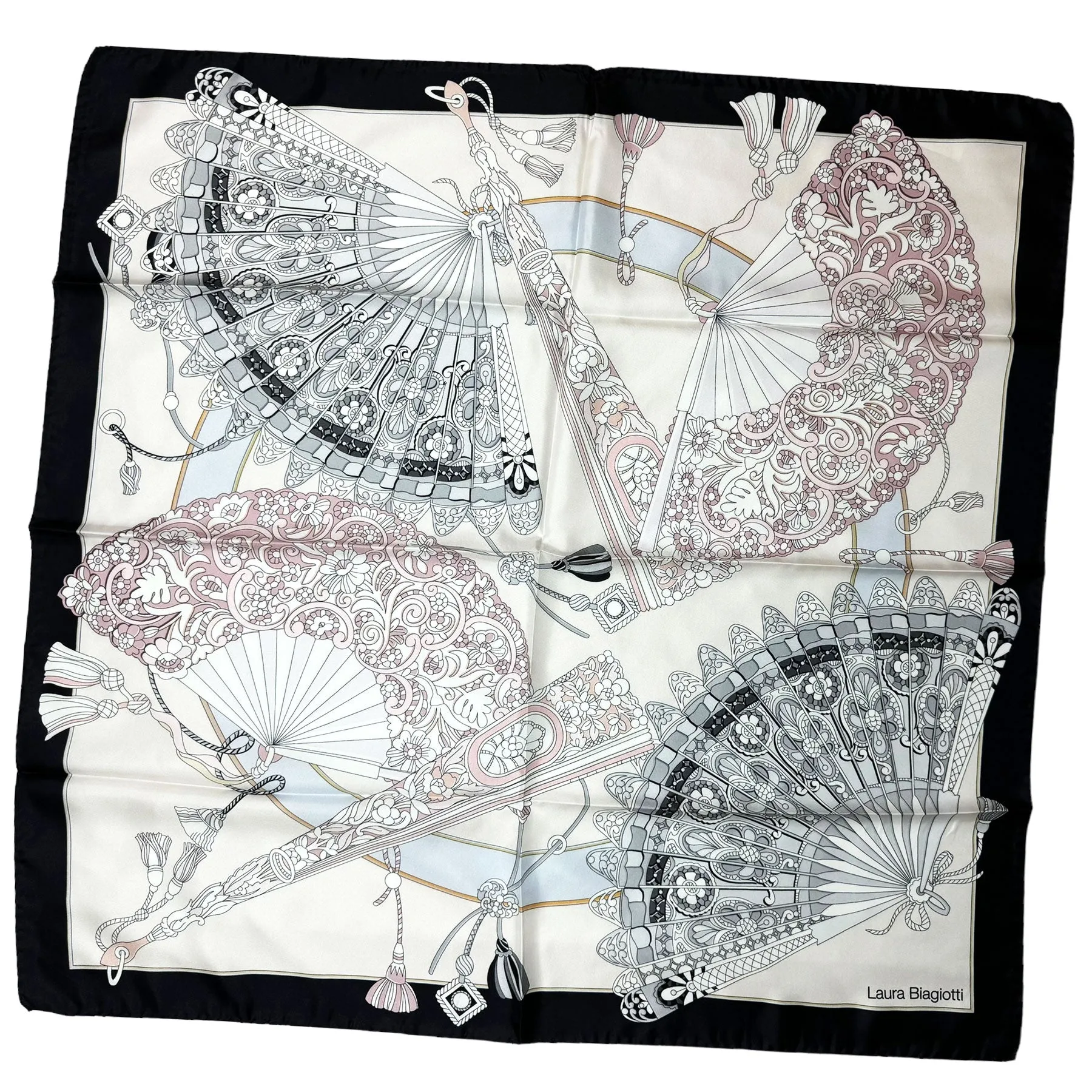 Laura Biagiotti Scarf Black Gray Hand Fans - Square Silk Foulard