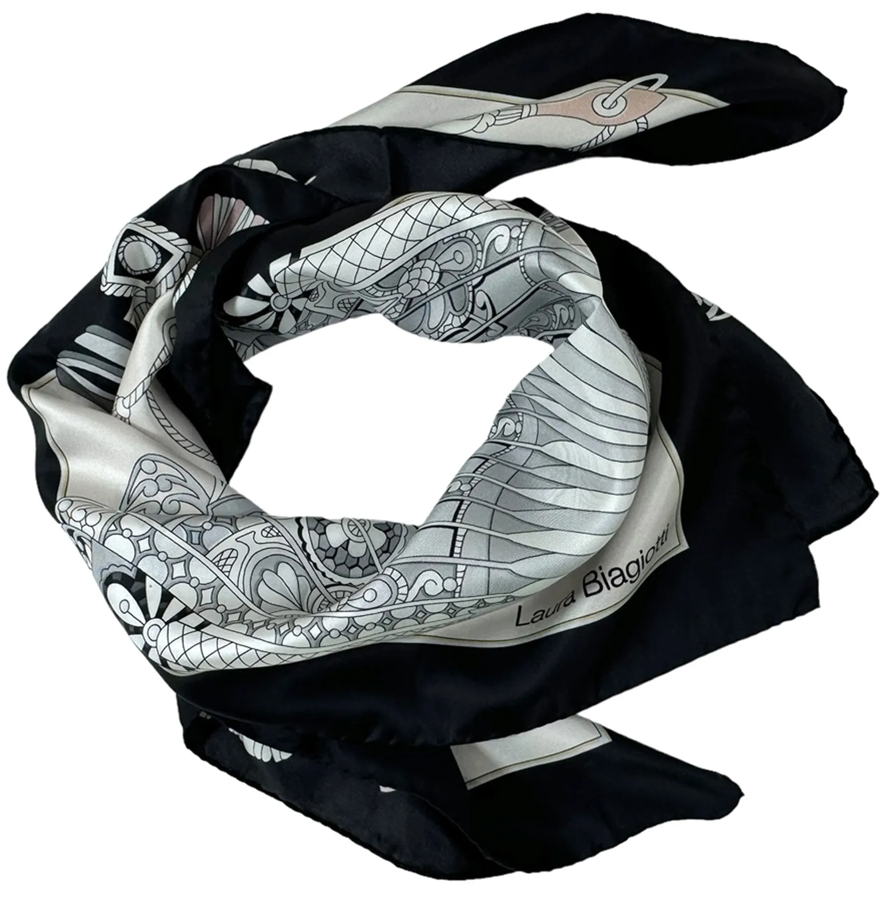 Laura Biagiotti Scarf Black Gray Hand Fans - Square Silk Foulard