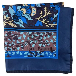 Laura Biagiotti Scarf Navy Brown Blue Floral - Square Silk Foulard - Made In Italy