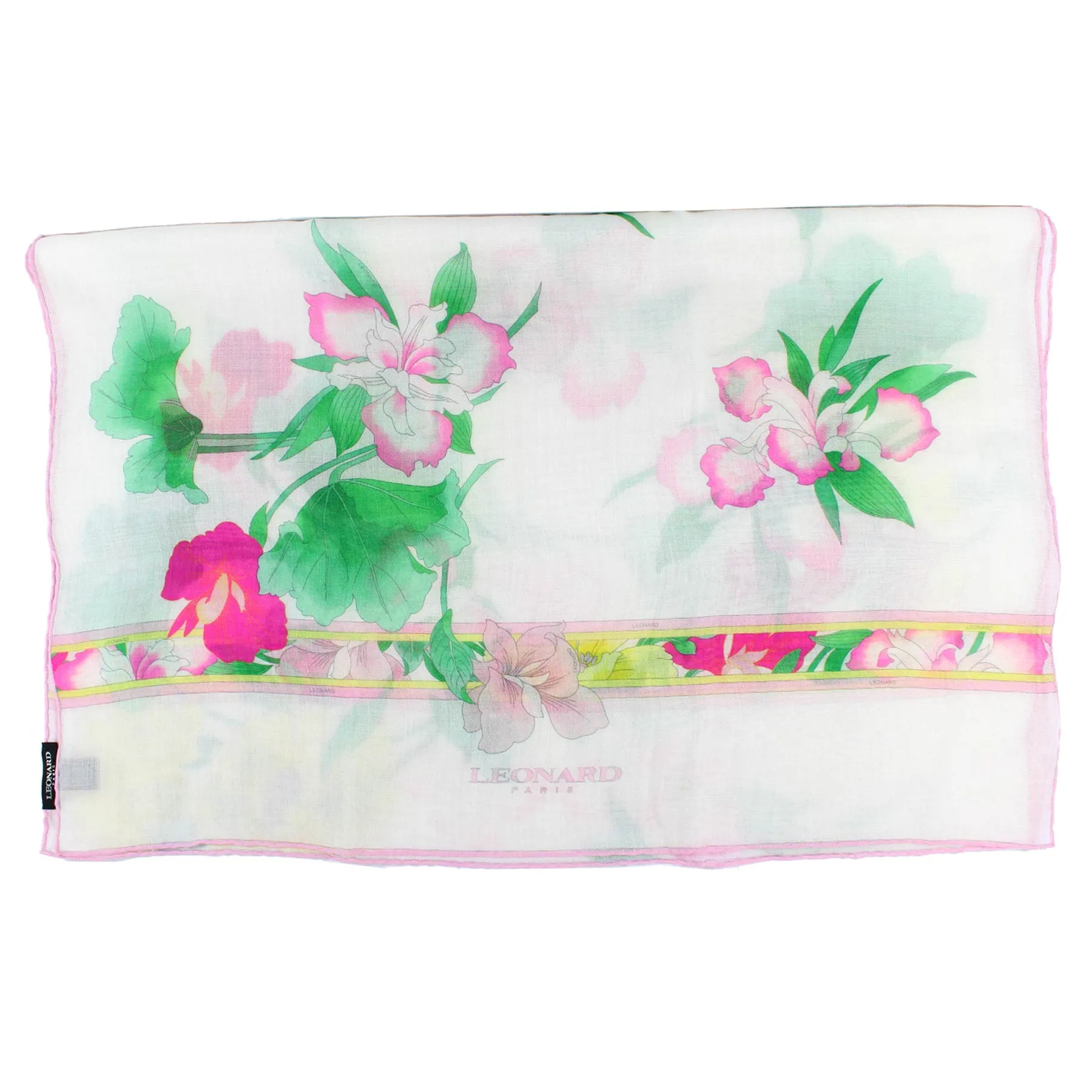 Leonard Paris Scarf White Pink Floral Design - Cashmere Silk Shawl