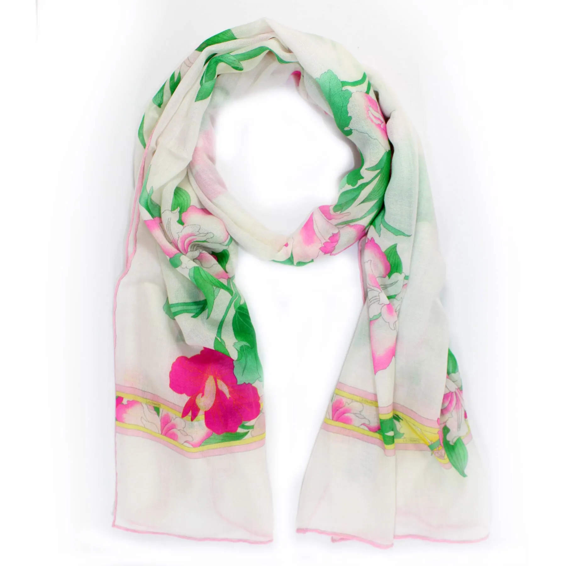 Leonard Paris Scarf White Pink Floral Design - Cashmere Silk Shawl