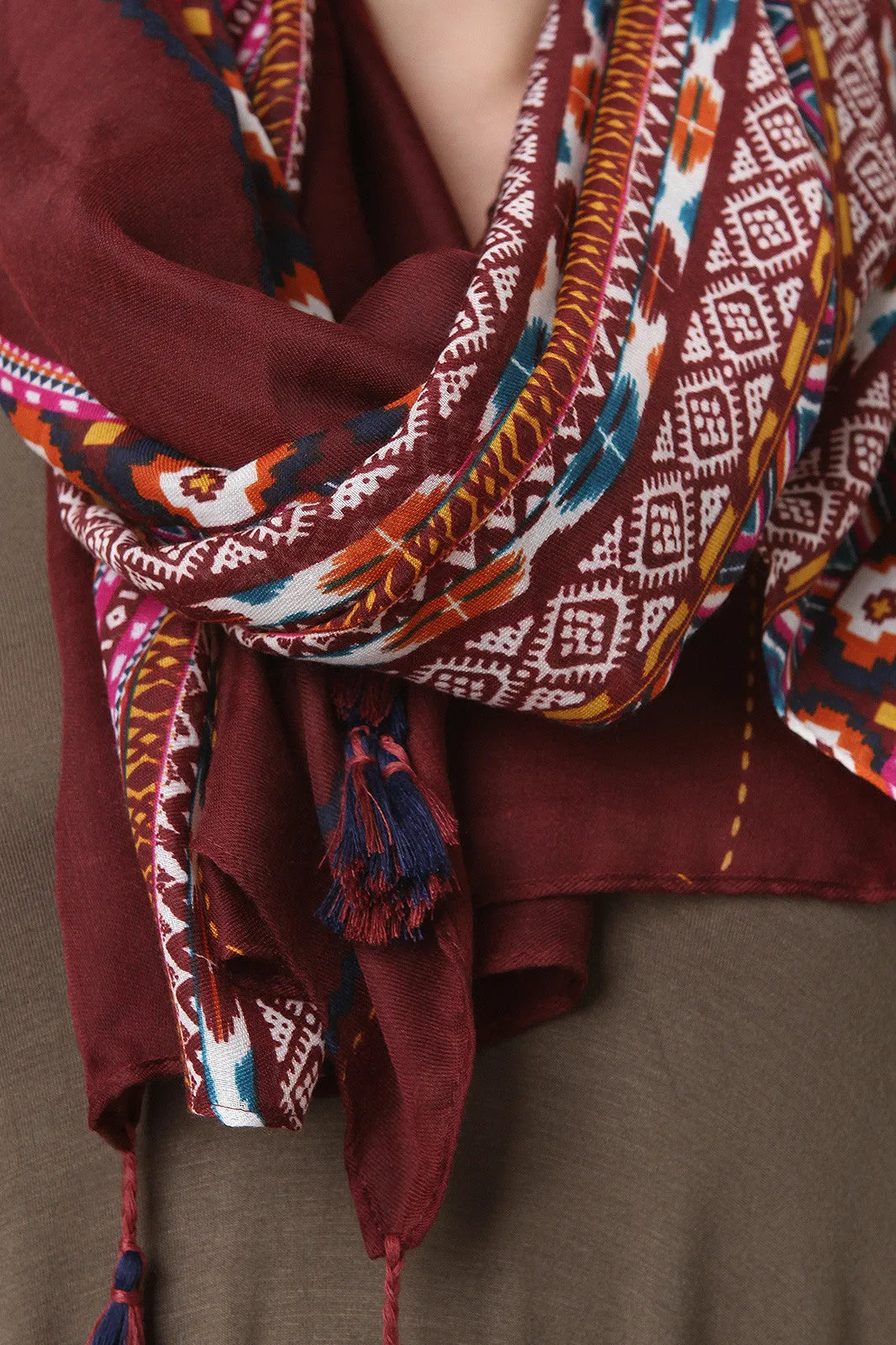 Mixed Print Dangling Tassel Scarf