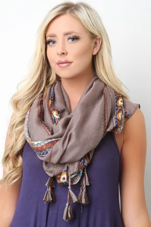 Mixed Print Dangling Tassel Scarf