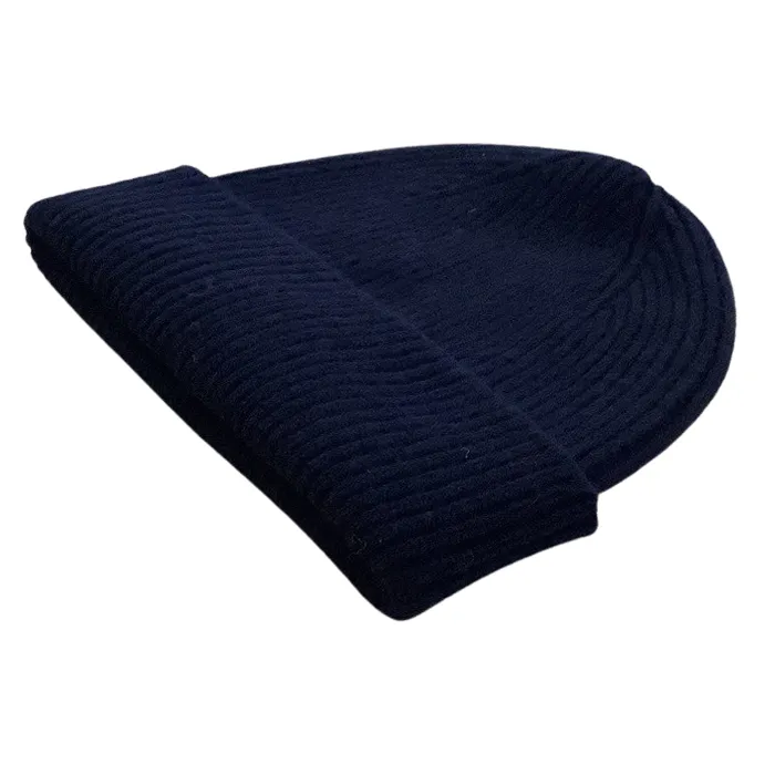 Navy Wool Ribbed Beanie Hat