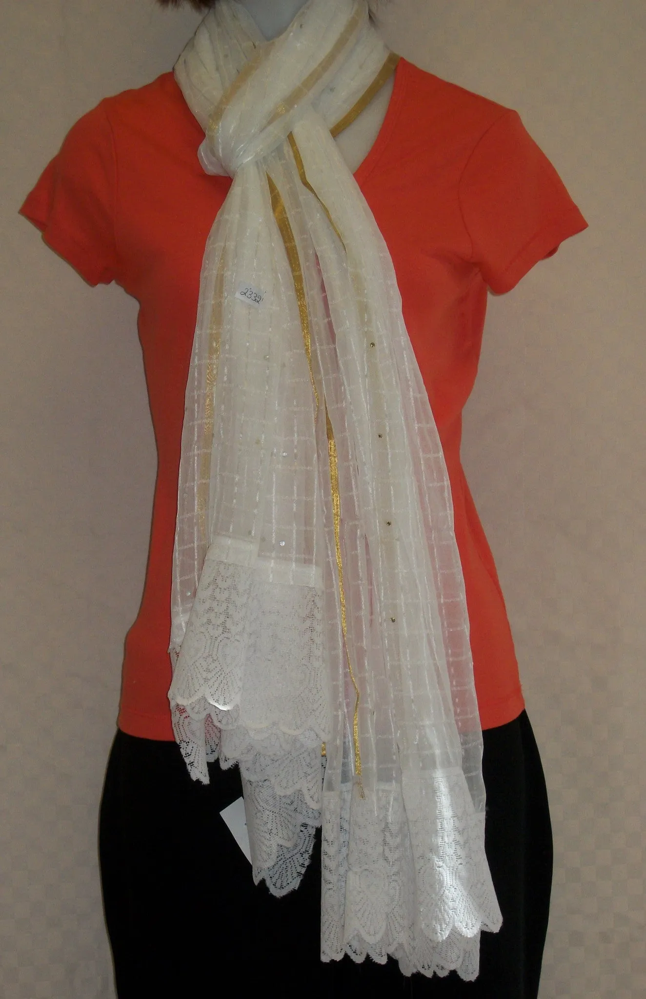 Scarf 2332 White Georgette Doria Dupatta Chunni Shawl Shieno