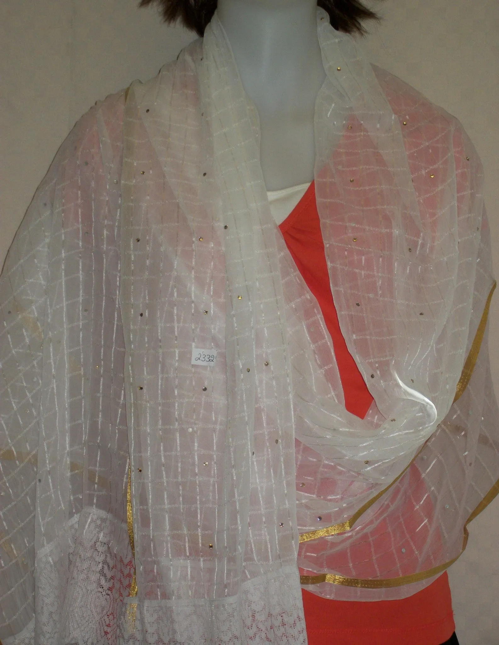 Scarf 2332 White Georgette Doria Dupatta Chunni Shawl Shieno