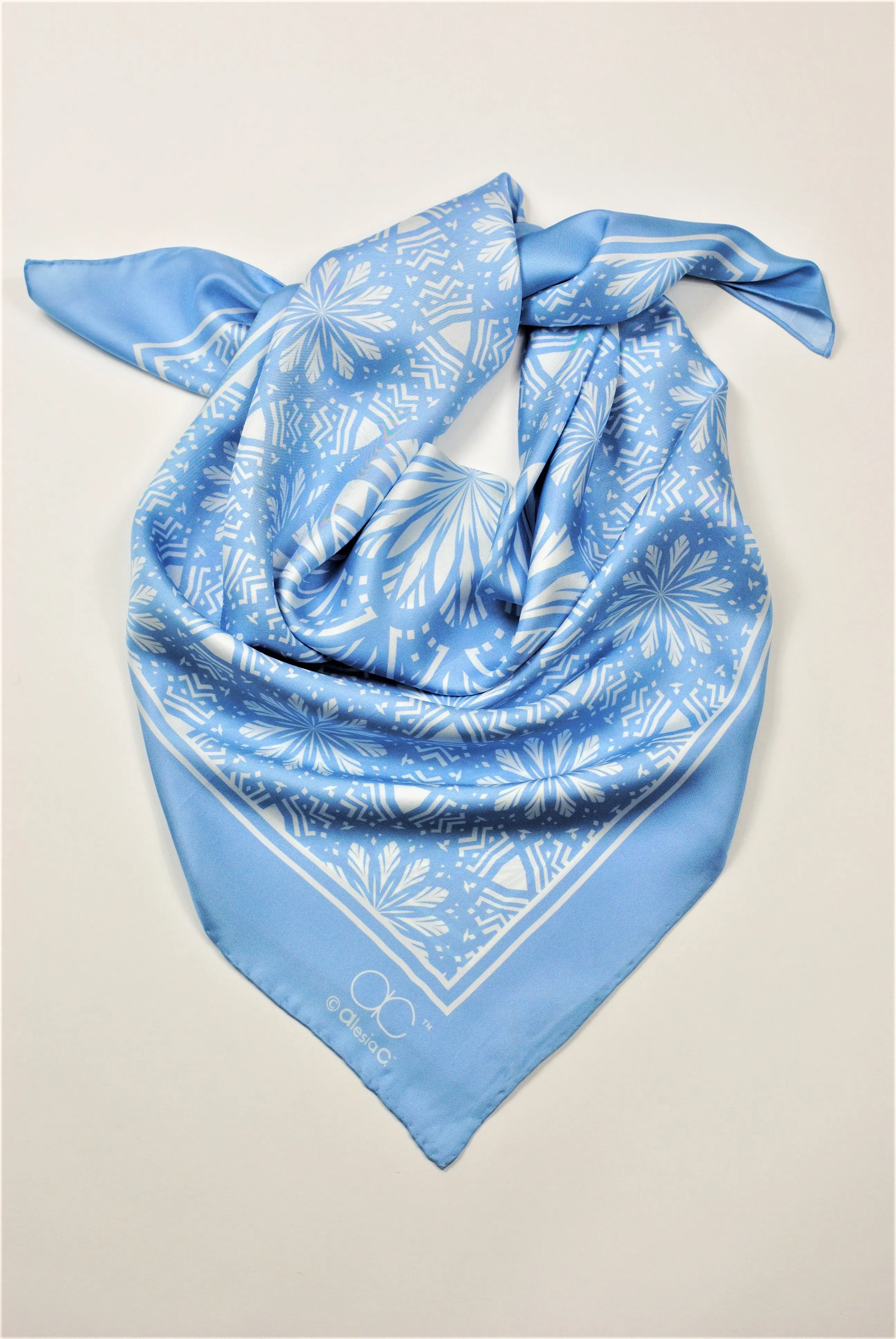 SERENITY Mandala 100% Silk Square Scarf in Light Blue