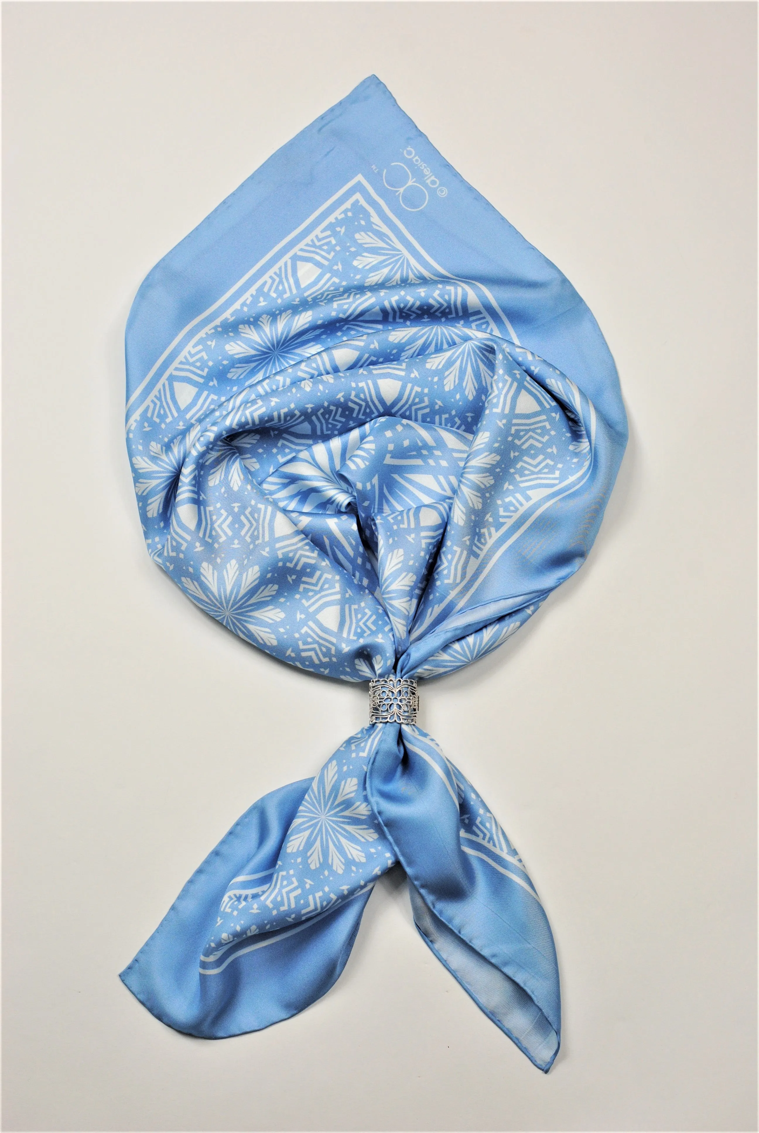 SERENITY Mandala 100% Silk Square Scarf in Light Blue