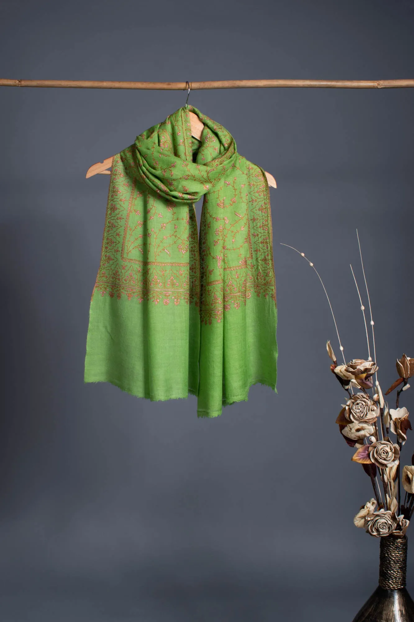 Sheen Green Cashmere Scarf Enhanced with Pink Hue Embroidery - HONDURAS