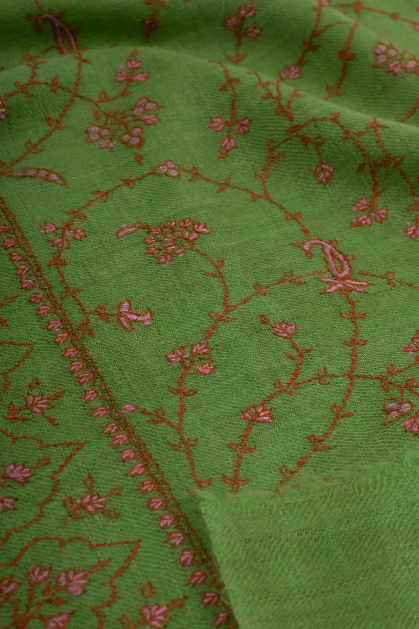 Sheen Green Cashmere Scarf Enhanced with Pink Hue Embroidery - HONDURAS