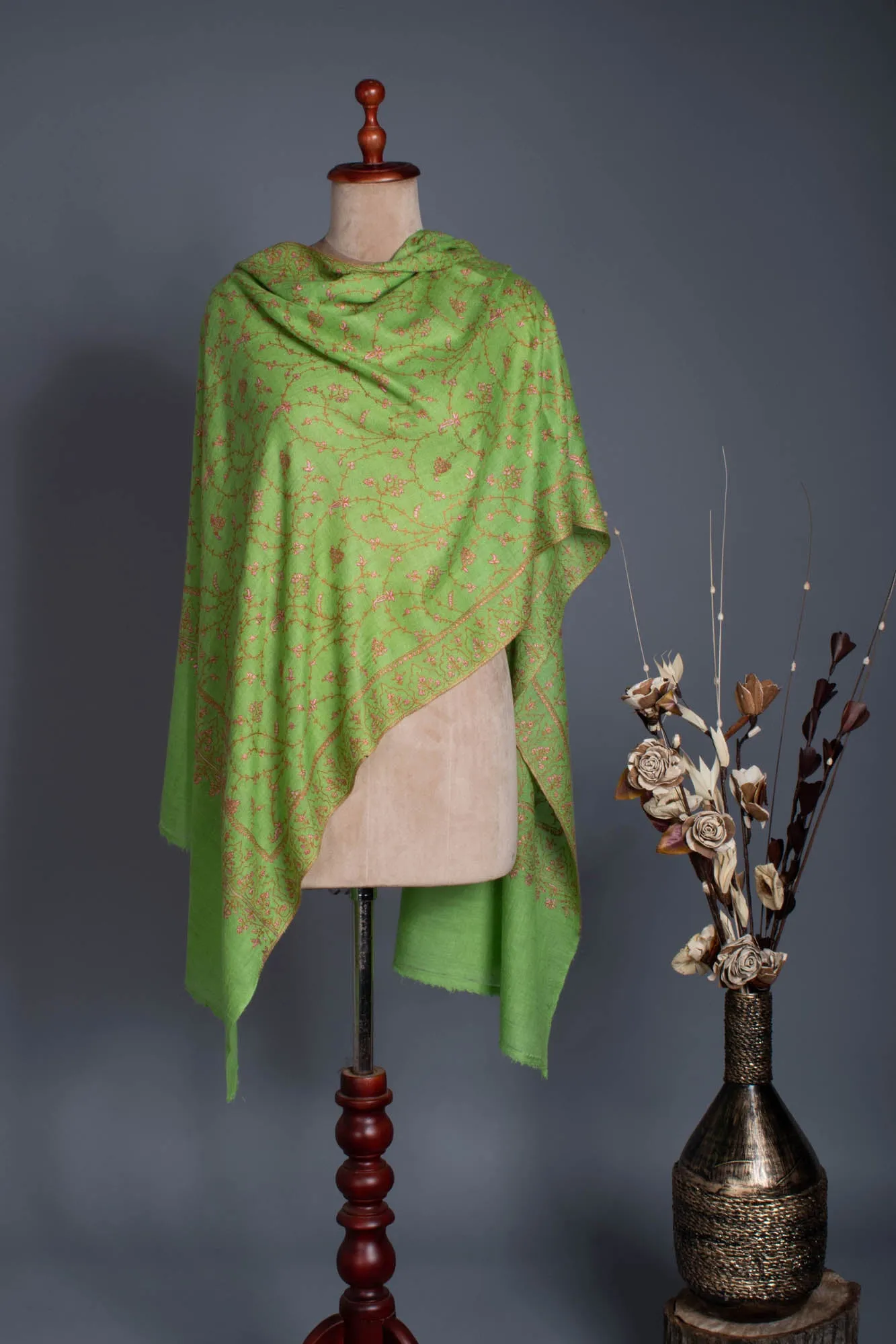 Sheen Green Cashmere Scarf Enhanced with Pink Hue Embroidery - HONDURAS