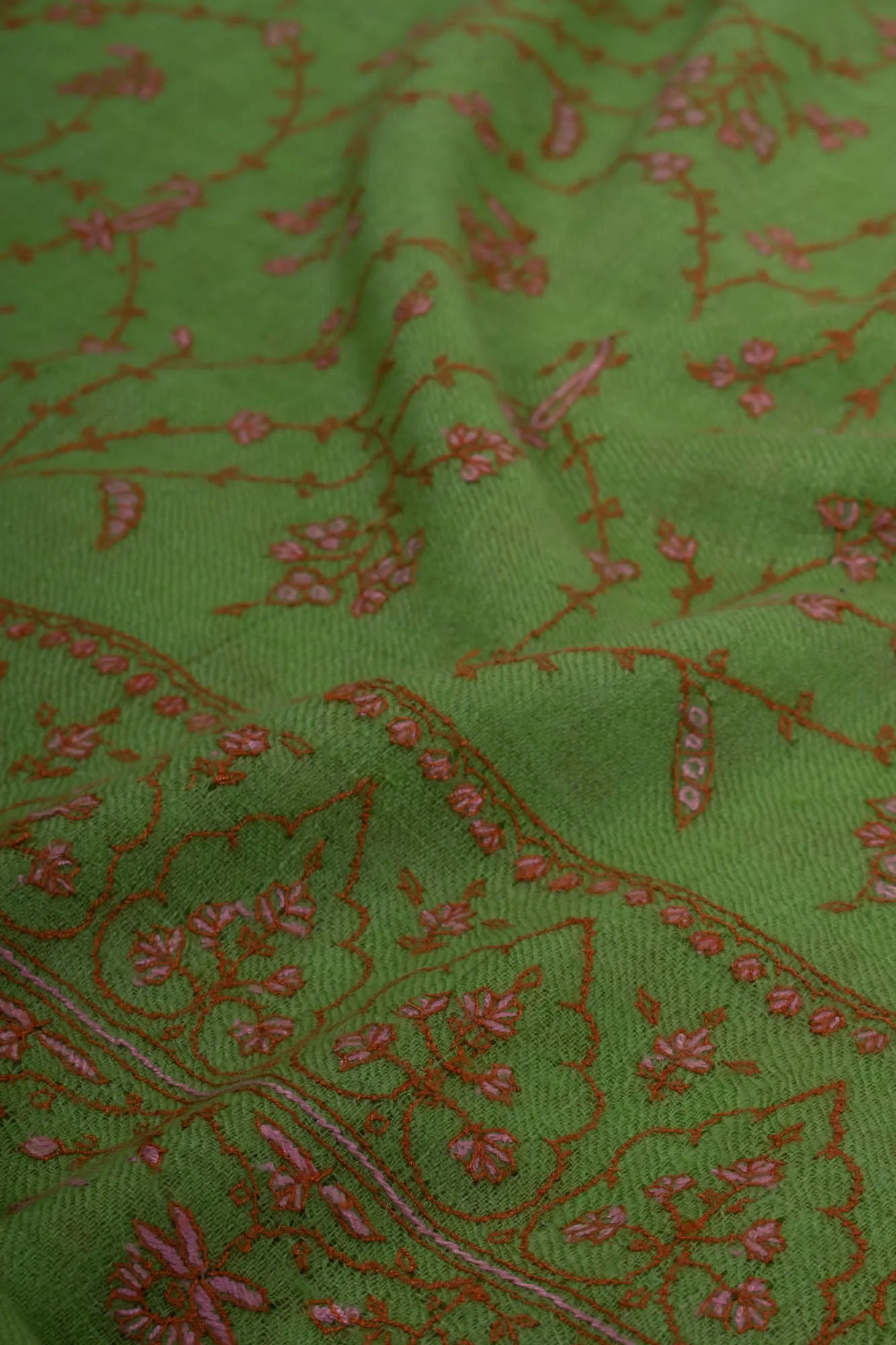 Sheen Green Cashmere Scarf Enhanced with Pink Hue Embroidery - HONDURAS