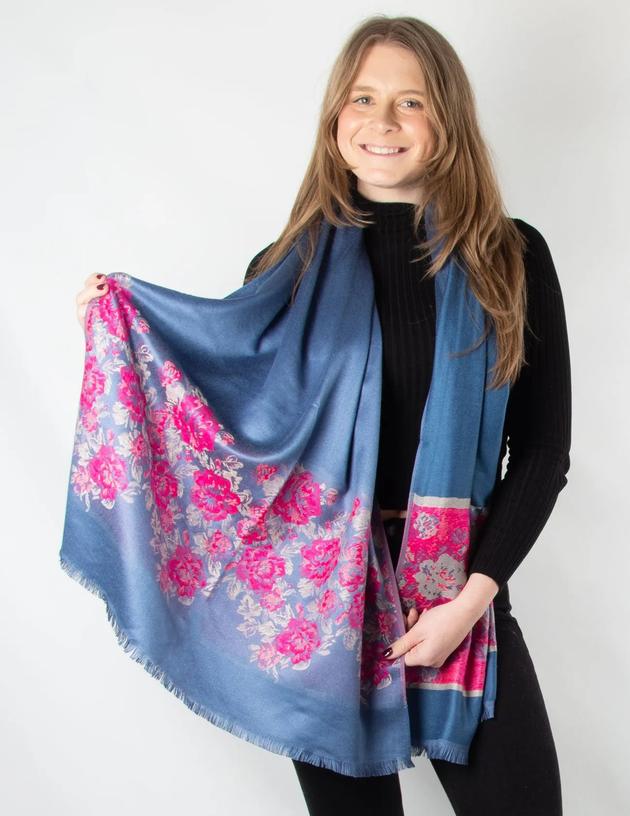 Steel Blue And Hot Pink Floral Panel  Patterned Pashmina