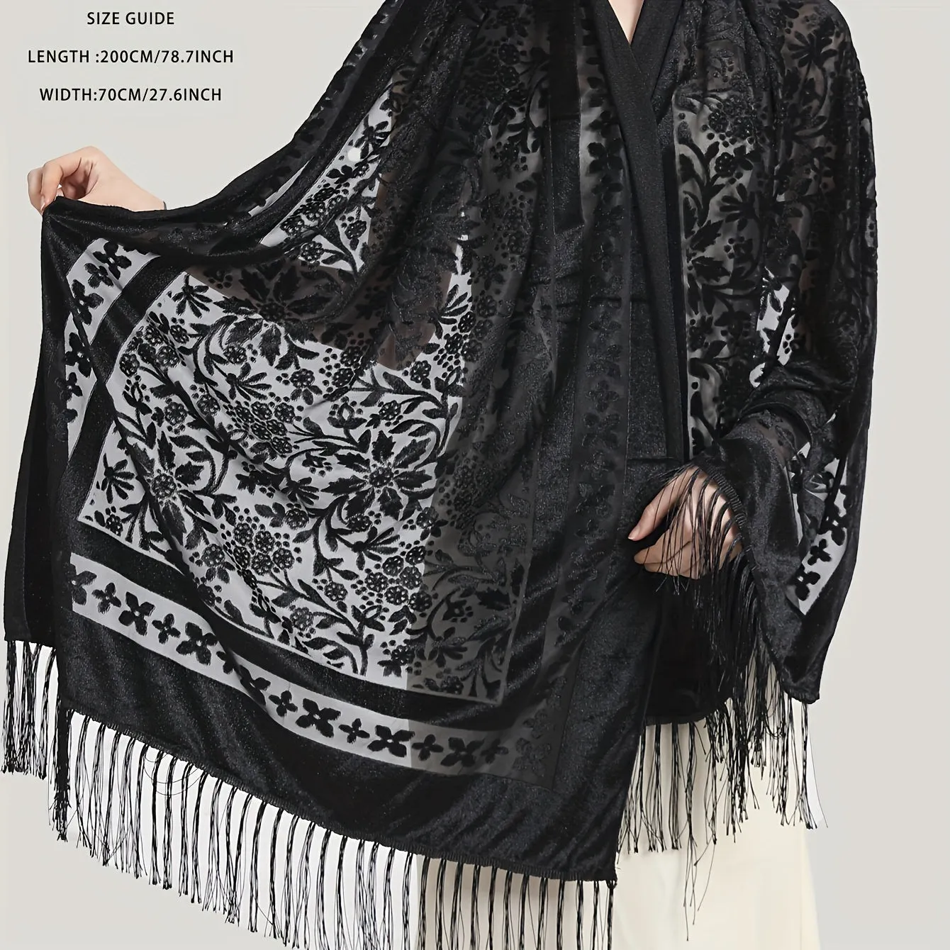 Vintage Velvet Jacquard Shawl - Tassel Detail, Elegant Warmth & Sun-Proof Accessory for Evening Events