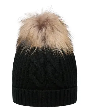 Women's Cable Cashmere Hat With Fur Pom Black