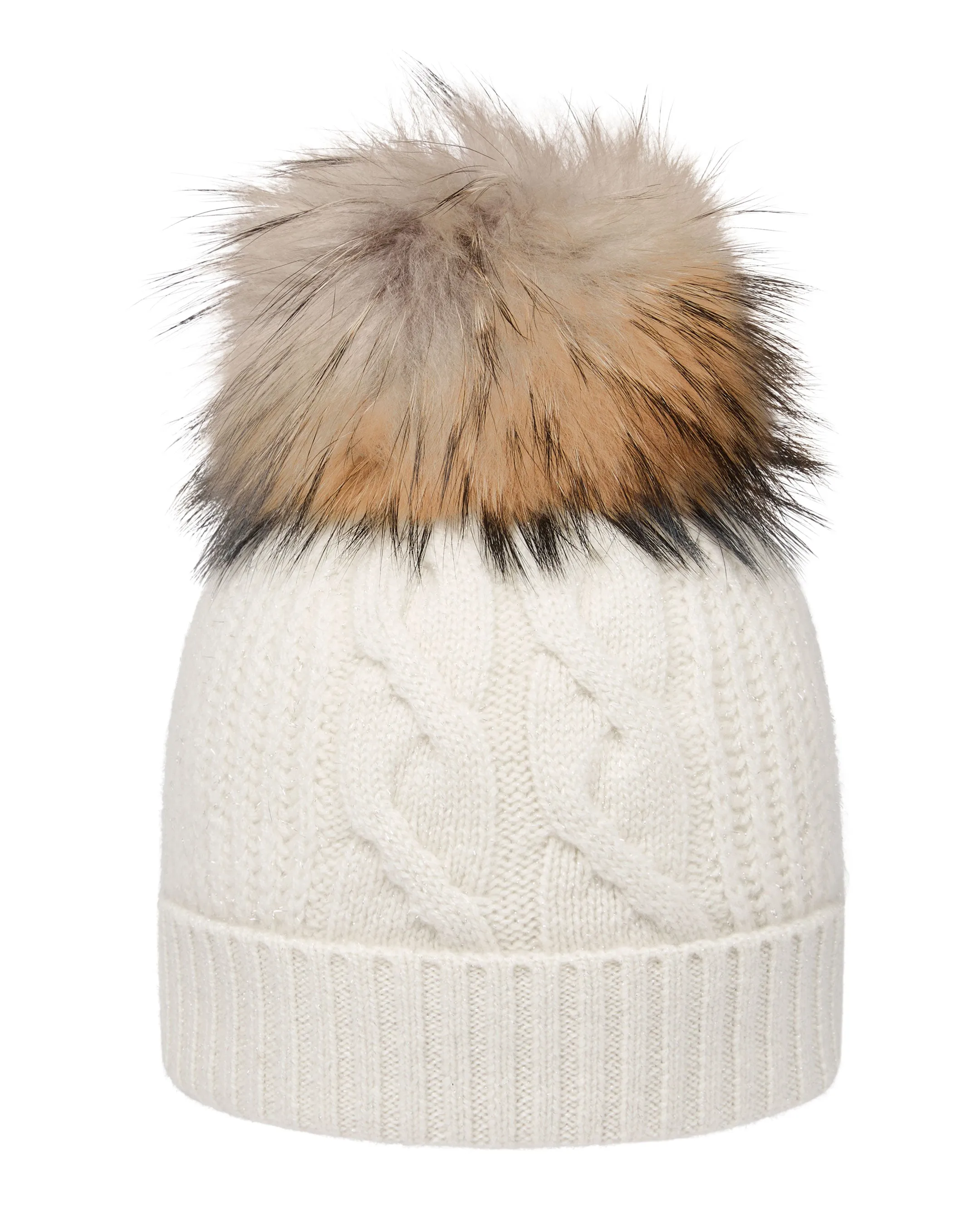 Women's Cable Cashmere Hat With Lurex And Fur Pom Snow Grey Sparkle