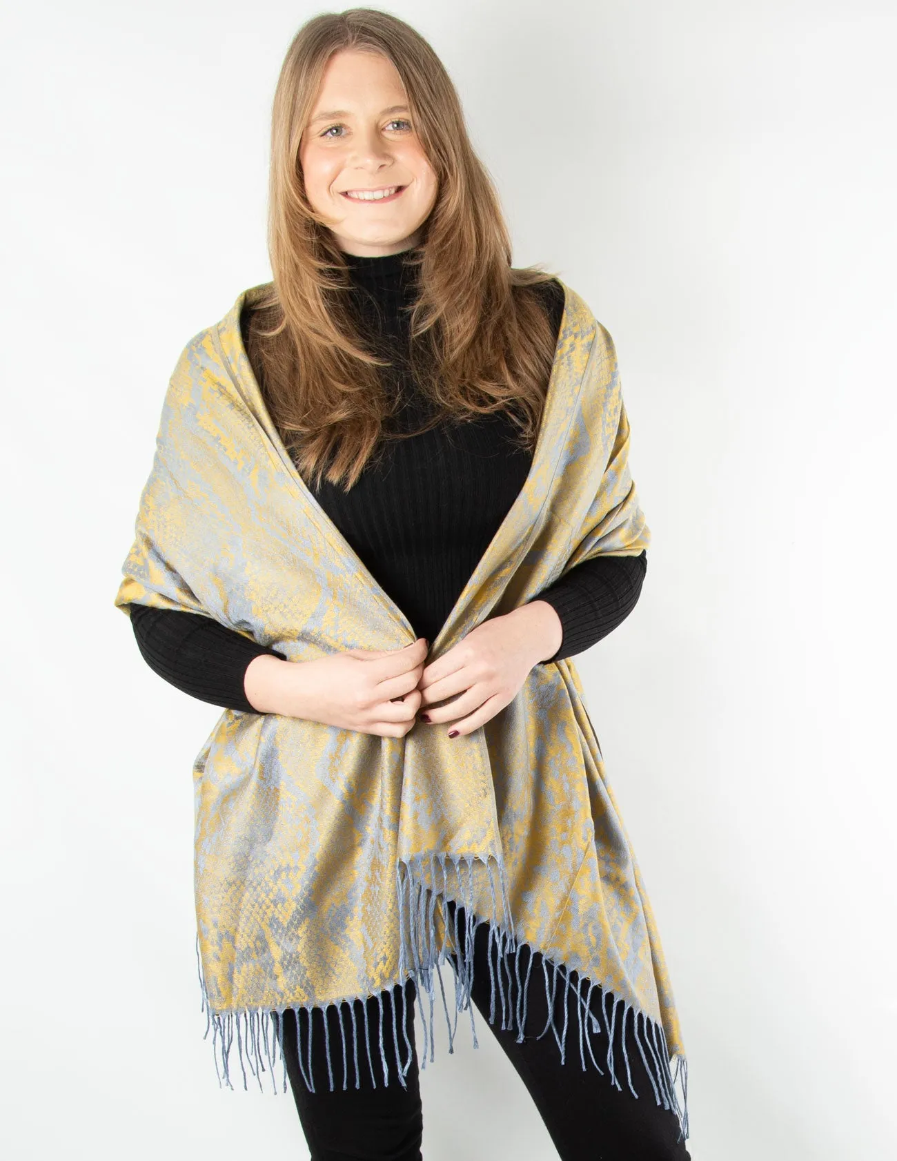 Yellow And Grey Blue Snake Print Patterned Pashmina