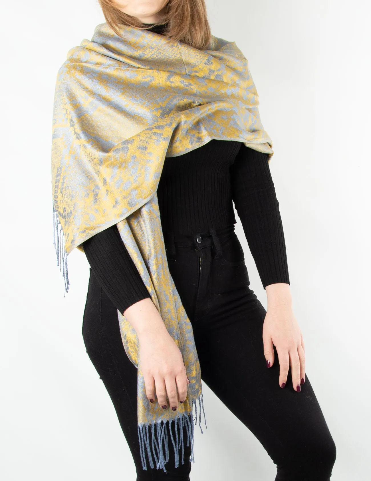 Yellow And Grey Blue Snake Print Patterned Pashmina